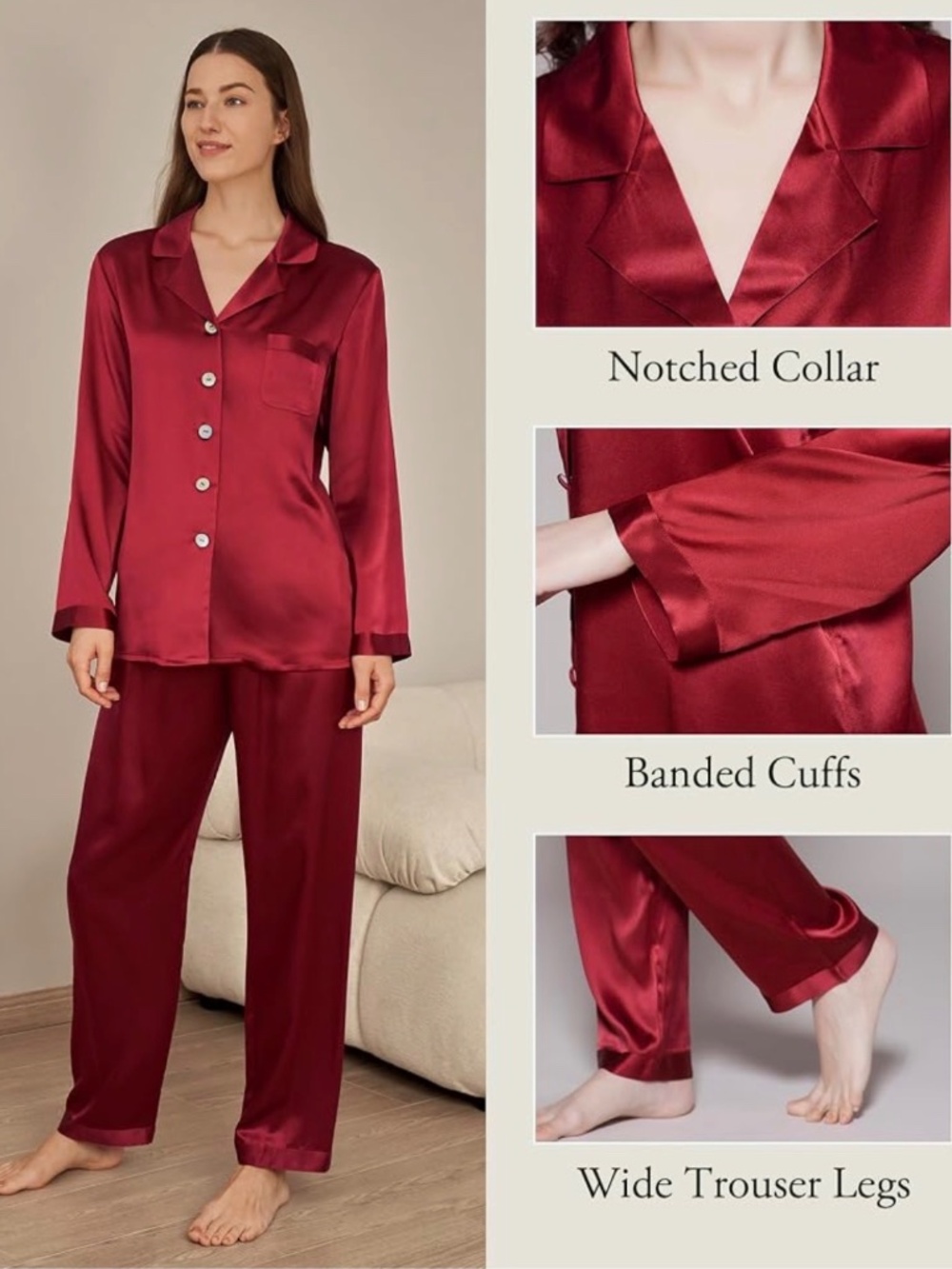 LilySilk 100% Pure Mulberry Silk Pajama Set Burgundy Red XL OEKO-TEX - Picture 2 of 3